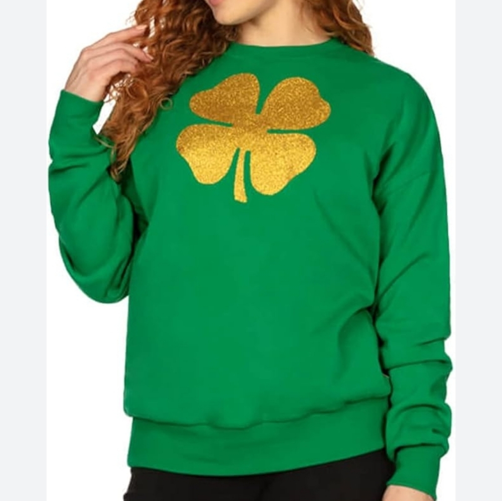 Tipsy Elves St Patricks Day Green Sweatshirt‎ with Gold Clover Shamrock Graphic